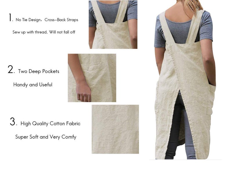 Larmliss Women 's Pinafore Square Apron Baking Cooking Gardening Works Cross Back Cotton/Linen Blend Dress with 2 Pockets Apricot-2XL - Image 3