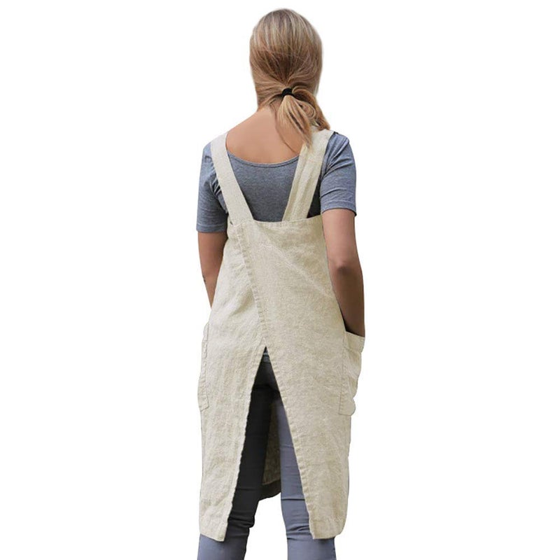 Larmliss Women 's Pinafore Square Apron Baking Cooking Gardening Works Cross Back Cotton/Linen Blend Dress with 2 Pockets Apricot-2XL - Image 5