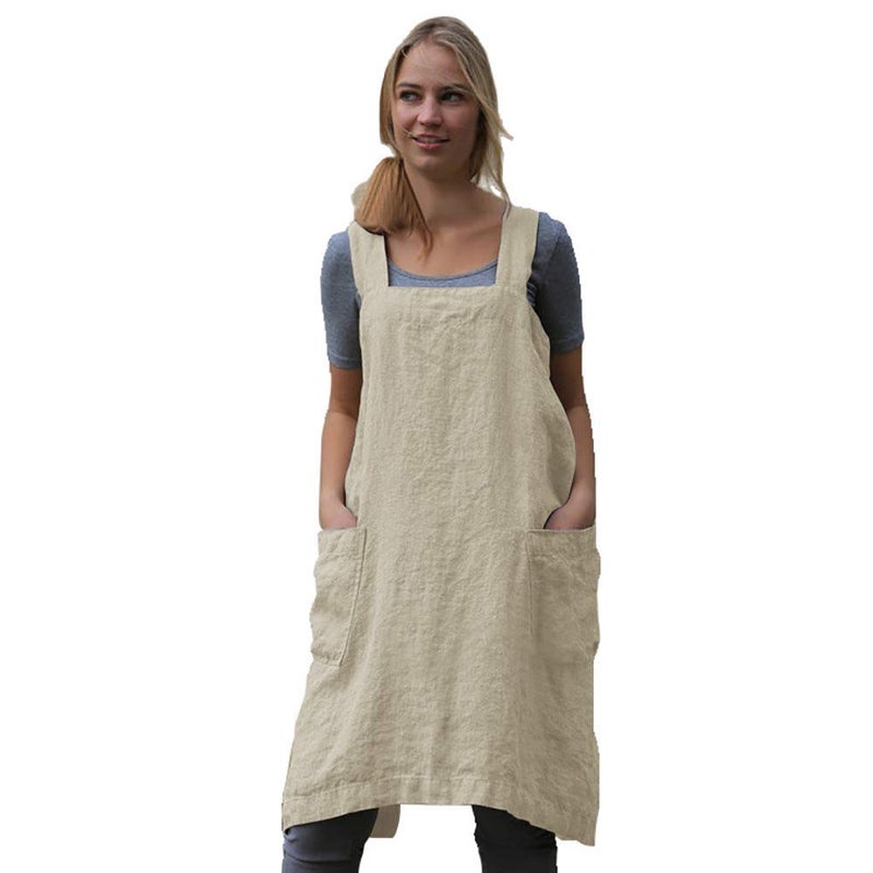 Larmliss Women 's Pinafore Square Apron Baking Cooking Gardening Works Cross Back Cotton/Linen Blend Dress with 2 Pockets Apricot-2XL - Image 1