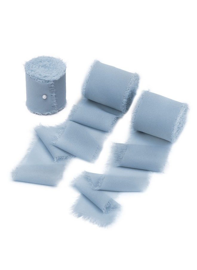 Doris Home - 3 Rolls 2"X7Yd Fringe Chiffon Ribbon For Flower Bouquet Handmade Dusty Blue Ribbon For Gift Wrapping Frayed Edge Ribbon For Crafts Decorating Bouquet Wrap Wedding Invitation - Image 1