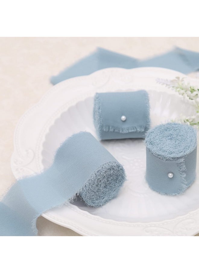 Doris Home - 3 Rolls 2"X7Yd Fringe Chiffon Ribbon For Flower Bouquet Handmade Dusty Blue Ribbon For Gift Wrapping Frayed Edge Ribbon For Crafts Decorating Bouquet Wrap Wedding Invitation - Image 1