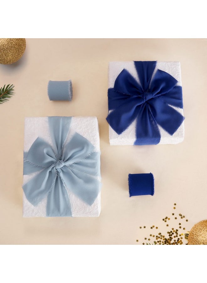 Doris Home - 3 Rolls 2"X7Yd Fringe Chiffon Ribbon For Flower Bouquet Handmade Dusty Blue Ribbon For Gift Wrapping Frayed Edge Ribbon For Crafts Decorating Bouquet Wrap Wedding Invitation - Image 1