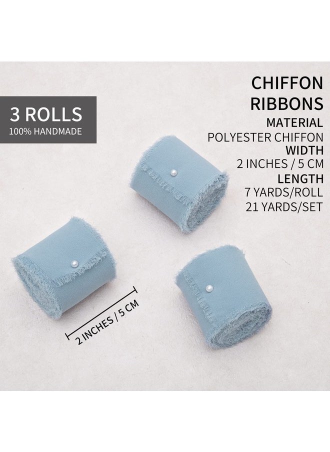 Doris Home - 3 Rolls 2"X7Yd Fringe Chiffon Ribbon For Flower Bouquet Handmade Dusty Blue Ribbon For Gift Wrapping Frayed Edge Ribbon For Crafts Decorating Bouquet Wrap Wedding Invitation - Image 1