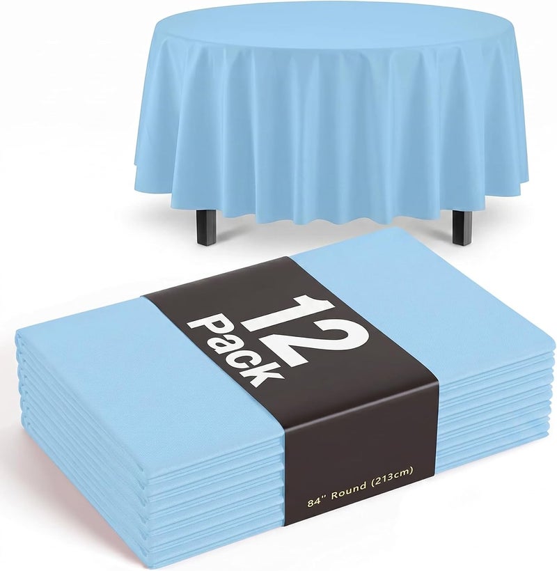 Exquisite 12-Pack Premium Plastic Table Cloth, 84in. Round Table Cover - Light Blue - Image 1