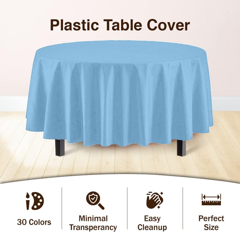 Exquisite 12-Pack Premium Plastic Table Cloth, 84in. Round Table Cover - Light Blue - Image 3