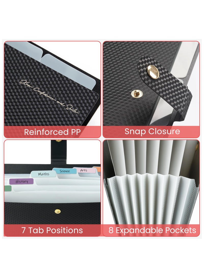 Accordion File Organizer, 8 Pocket Expanding File Folder with Labels, Letter Size Folders for Documents, Portable Paper Bill Receipt Organizer for Home School Office Supplies, Black - Image 4