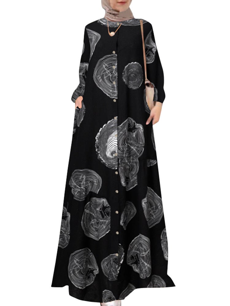 in stock cross-border foreign trade womens cotton and linen printed shirt robe dress round neck retro long sleeve plus size dress black tree pattern