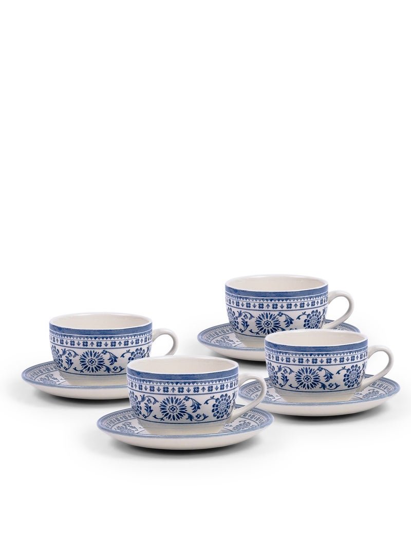 Claytan Plethora 240ml Printed Porcelain Coffee Cup & Saucer Set (Blue & White, Set Of 4)