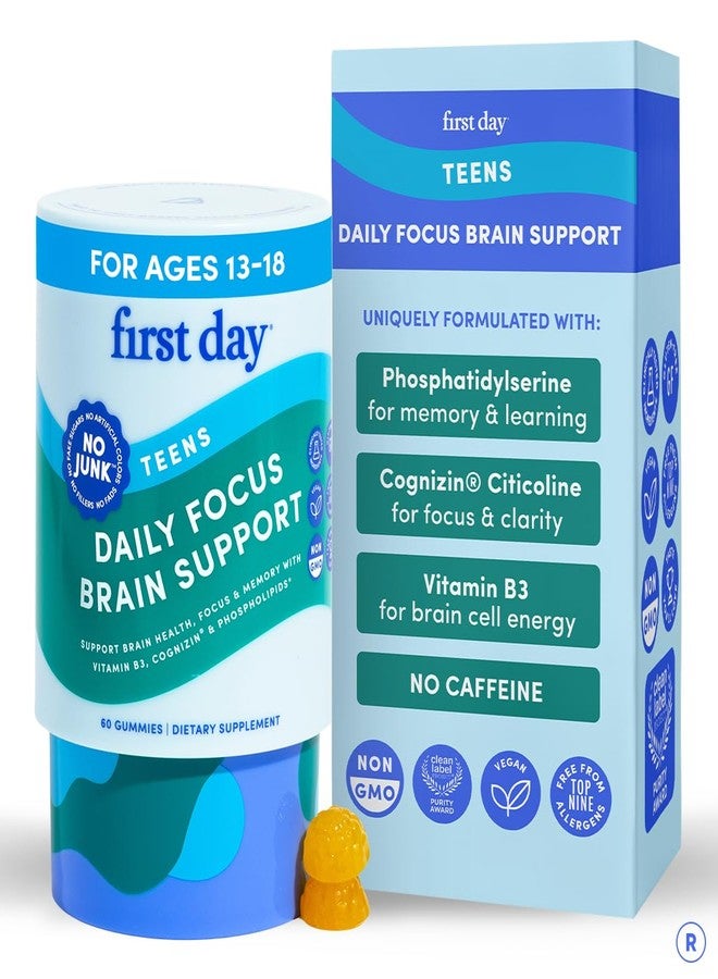 FIRST DAY Teen Brain & Focus Supplement Gummies Ages 13–18 | Study & Concentration Support with Cognizin® Citicoline & Phosphatidylserine | Vegan, Non-GMO, Caffeine-Free | 30-Day Supply - Image 1