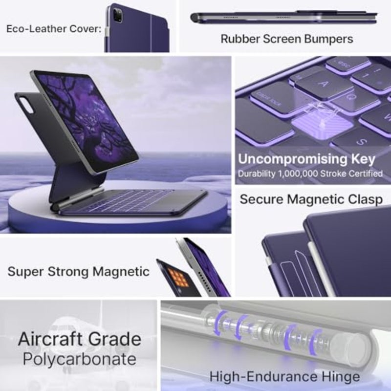 Edge Keyboard Case 11 M4/M3/M2, 2026/2025/2024,Pro 11 Air 5/4 Magic with Multi-Touch Trackpad, 11 Colors Backlight, Pencil Holder, Slim Lightweight - Image 5
