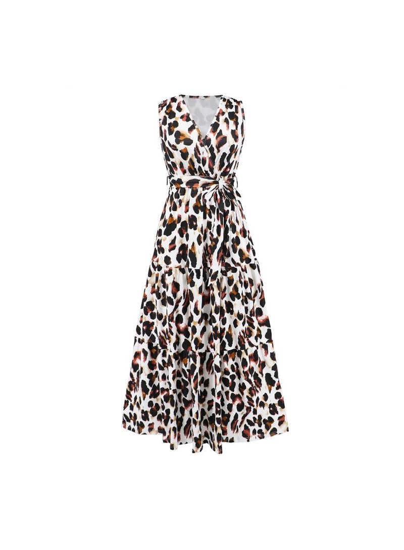 Loquat V-neck Leopard Print Slimming Lace Up Dress  - Image 1