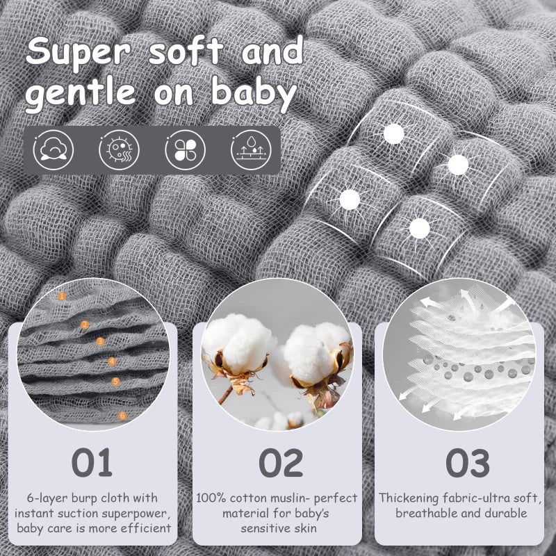 Looxii Muslin Burp Cloths 100% Cotton Muslin Cloths Large 20''x10'' Extra Soft and Absorbent 6 Pack Baby Burping Cloth for Boys and Girls (Grey) - Image 3