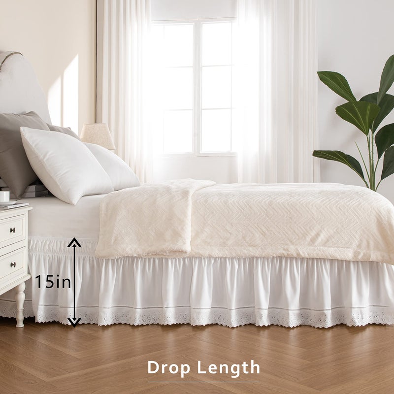 MIYE Wrap Around Ruffled Lace Bed Skirt, Elastic Dust Ruffle with Adjustable Belts, Easy to Put On, Bed Frame Cover, Machine Washable (Embroidered/White, King/Queen-15 Drop) - Image 4