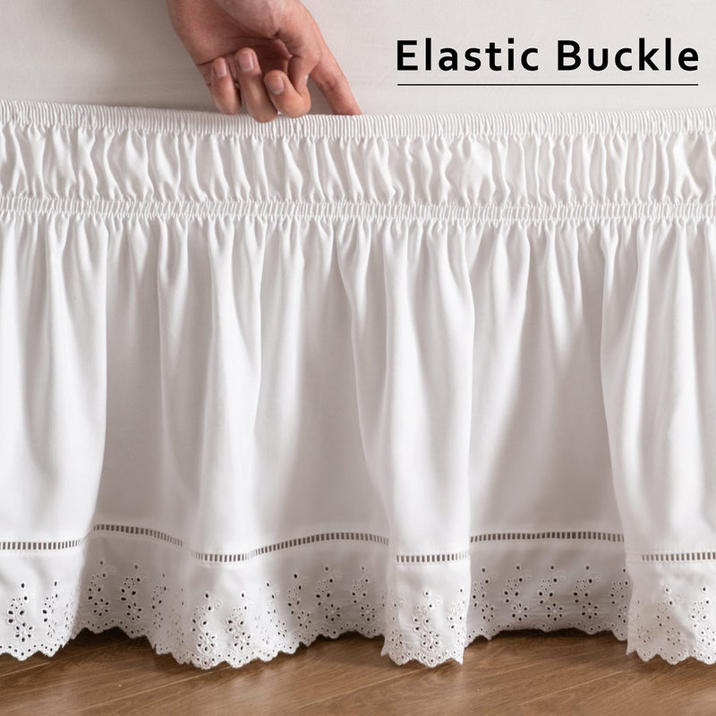 MIYE Wrap Around Ruffled Lace Bed Skirt, Elastic Dust Ruffle with Adjustable Belts, Easy to Put On, Bed Frame Cover, Machine Washable (Embroidered/White, King/Queen-15 Drop) - Image 5