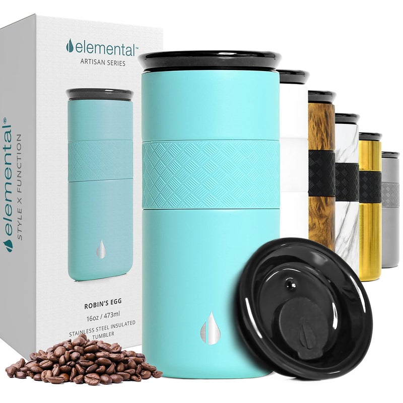 Elemental Artisan Insulated Tumbler Triple Wall Coffee Travel Mug Reusable Stainless Steel Coffee Tumbler with Ceramic Lid Thermal Coffee Cups for Hot 6 Hrs Cold 18 Hrs 16oz Robins Egg