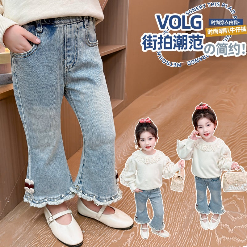 Girls' Jeans Korean Style Western Style Children'S Loose Flared Pants Baby'S Stretch Long Pants - Image 1