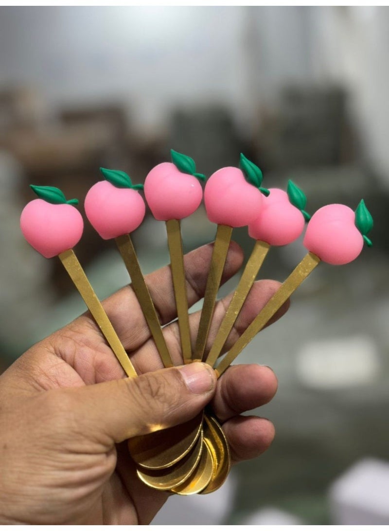 طقم معالق تقديم ذهبية مزخرفة بديكور فاكهة – 6 قطع للحلويات والمشروبات - Image 1