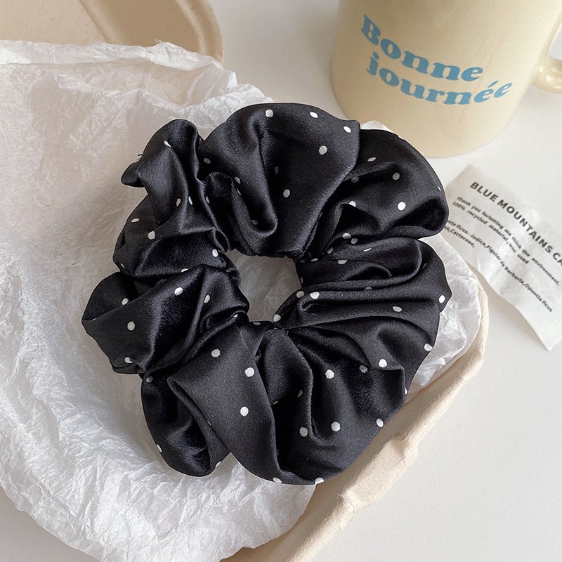إسكدنيا French Satin Polka Dot Scrunchie Vintage Elastic Hair Tie Black