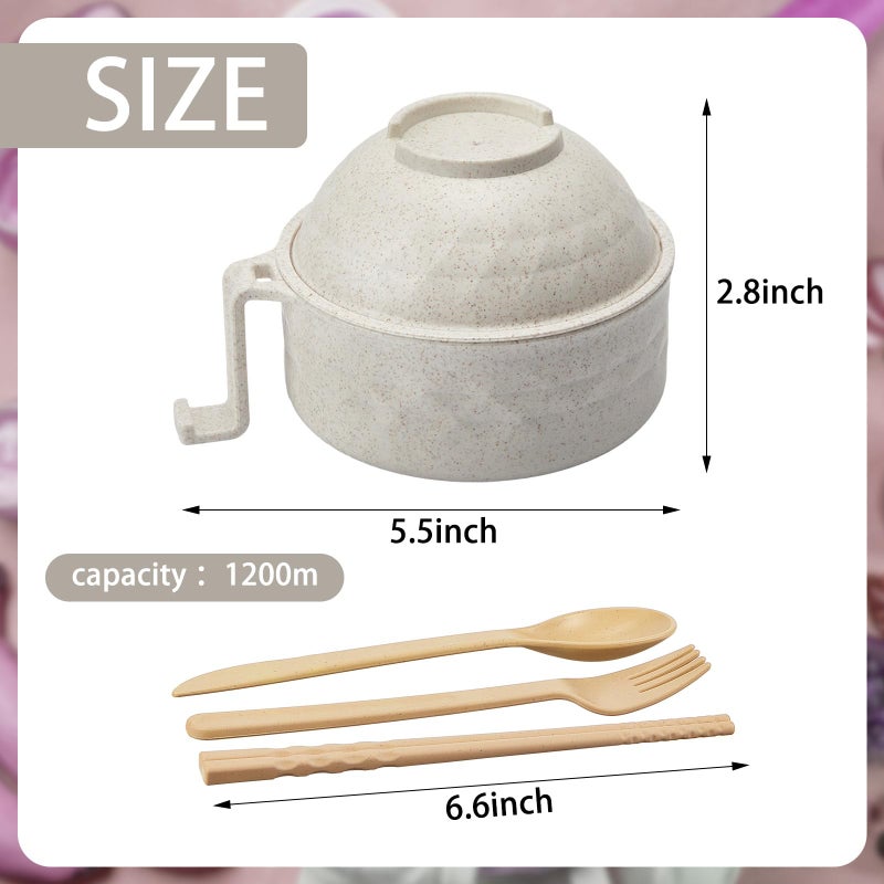 Romooa 1 Set Microwave Ramen Cooker 40oz Wheat Straw Microwave Noodle Bowl Set with Chopsticks, Spoon, Fork, College Dorm Office Apartment Essentials (Light Green) - Image 2