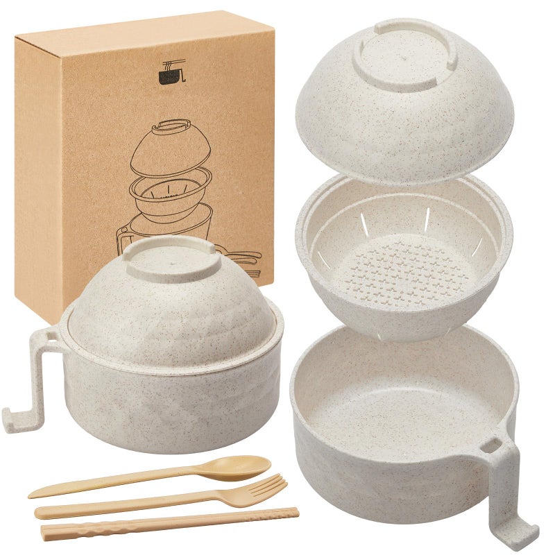 Romooa 1 Set Microwave Ramen Cooker 40oz Wheat Straw Microwave Noodle Bowl Set with Chopsticks, Spoon, Fork, College Dorm Office Apartment Essentials (Light Green) - Image 1