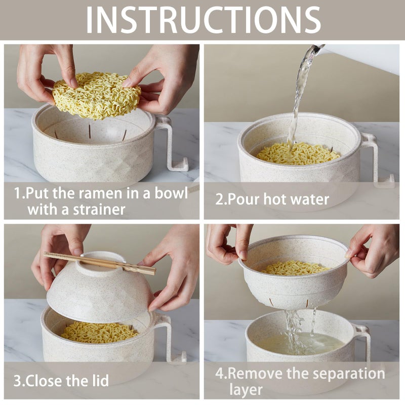 Romooa 1 Set Microwave Ramen Cooker 40oz Wheat Straw Microwave Noodle Bowl Set with Chopsticks, Spoon, Fork, College Dorm Office Apartment Essentials (Light Green) - Image 4