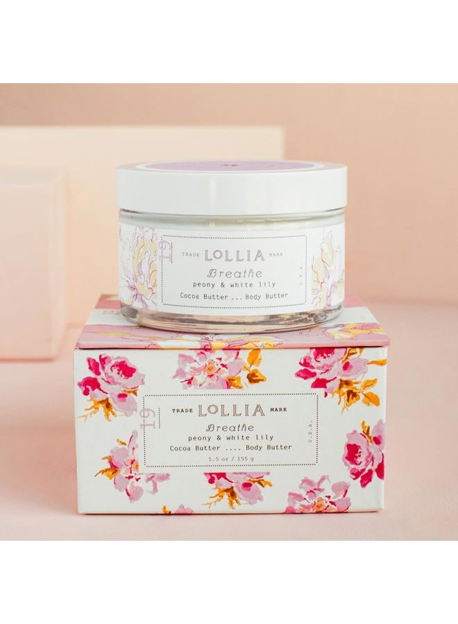 Lollia زبدة الجسم بريث، 5.5 أونصة - عطر الفاوانيا وزنبق أبيض - زبدة الشيا وزبدة الكاكاو، لوشن للجسم للنساء، مرطب للجسم مرطب وسلس - Image 2