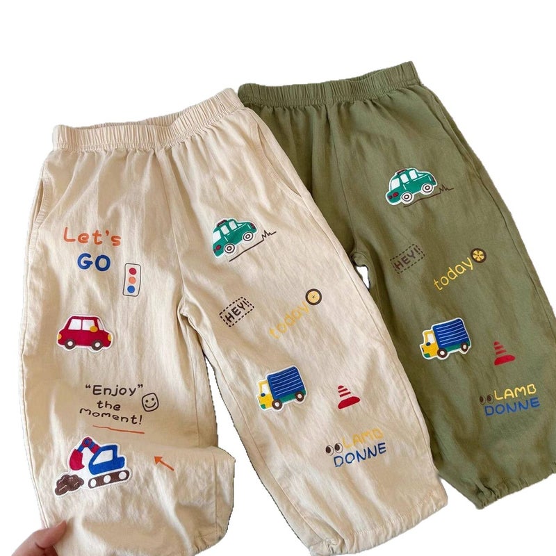 بنطلون أطفال ناعم مضاد للبعوض، طباعة سيارات صيفية، كاجوال طويل، بأربطة مرنة - Image 5