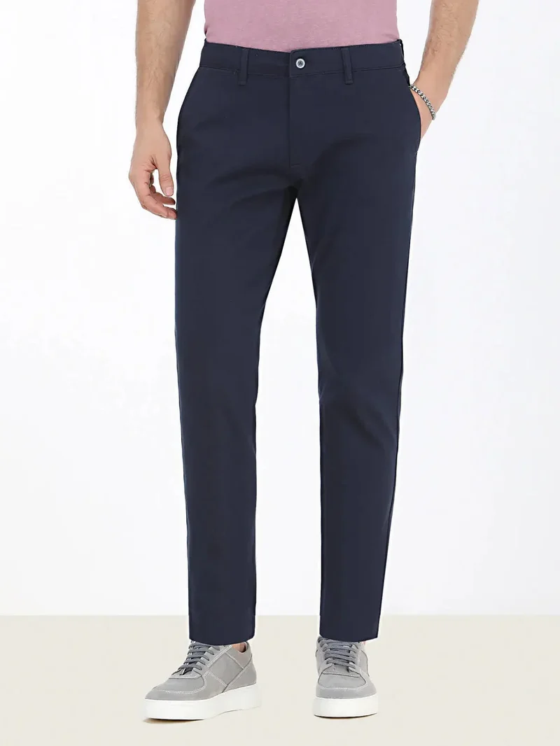 Kip Navy Blue Weaving Regular Fit Casual Cotton Blended Trousers