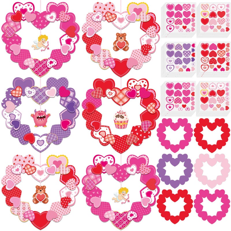 Lonfliness 24 Sets Valentines Crafts for Kids DlY Wreath Omaments Craft Kits Heart Hanging Decorations Paper Art Sets with Stickers for Valentine's Day Activities Gift Exchange Front Door Window Wall Decor - Image 1