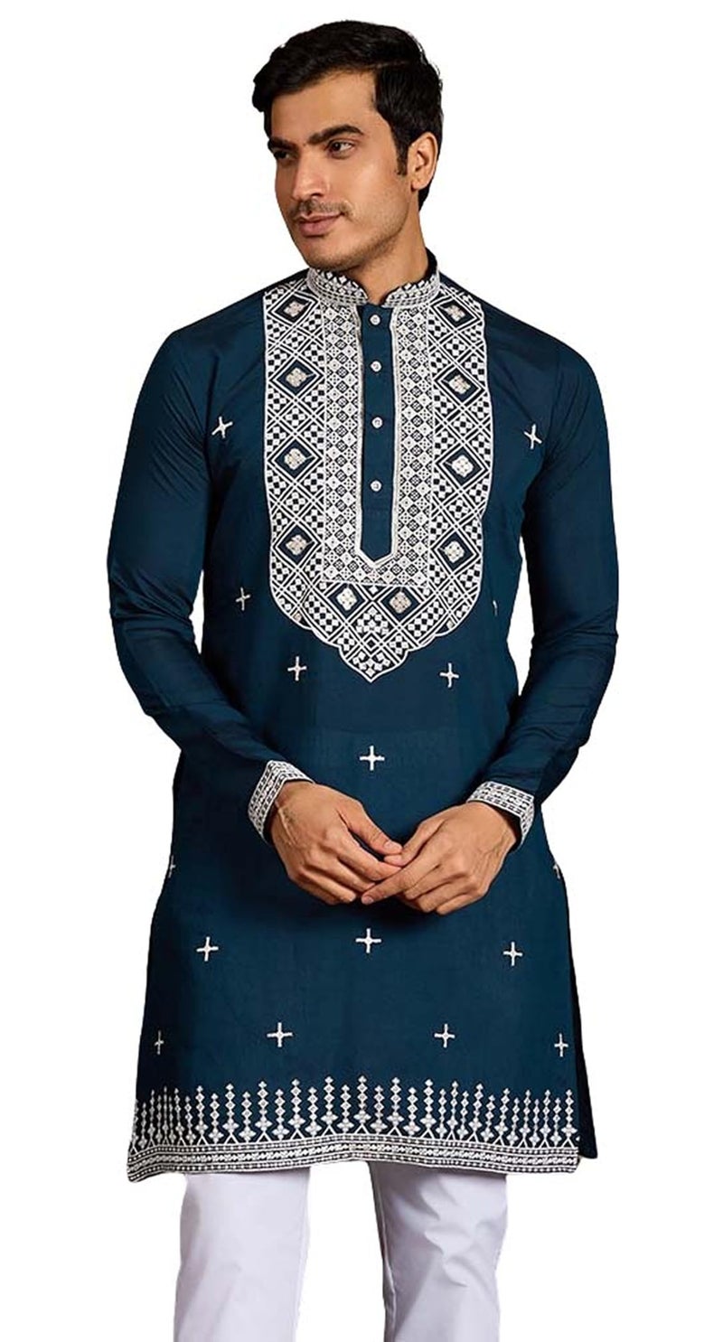 Kalaanj Men's Embroidered Silk Kurta || Only Kurta (KALSS2503MK-Blue-L) - Image 1