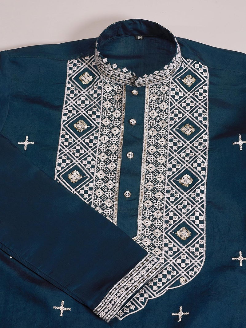 Kalaanj Men's Embroidered Silk Kurta || Only Kurta (KALSS2503MK-Blue-L) - Image 5