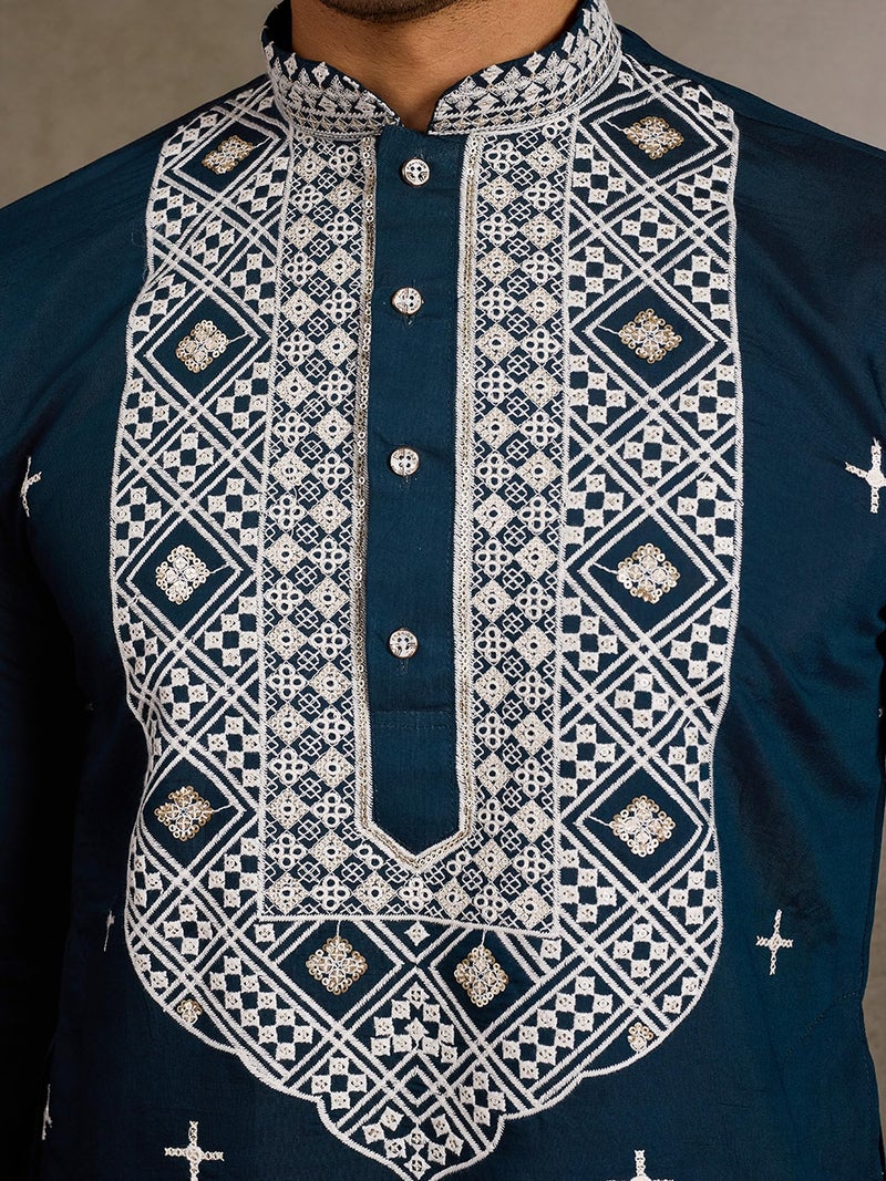 Kalaanj Men's Embroidered Silk Kurta || Only Kurta (KALSS2503MK-Blue-L) - Image 4