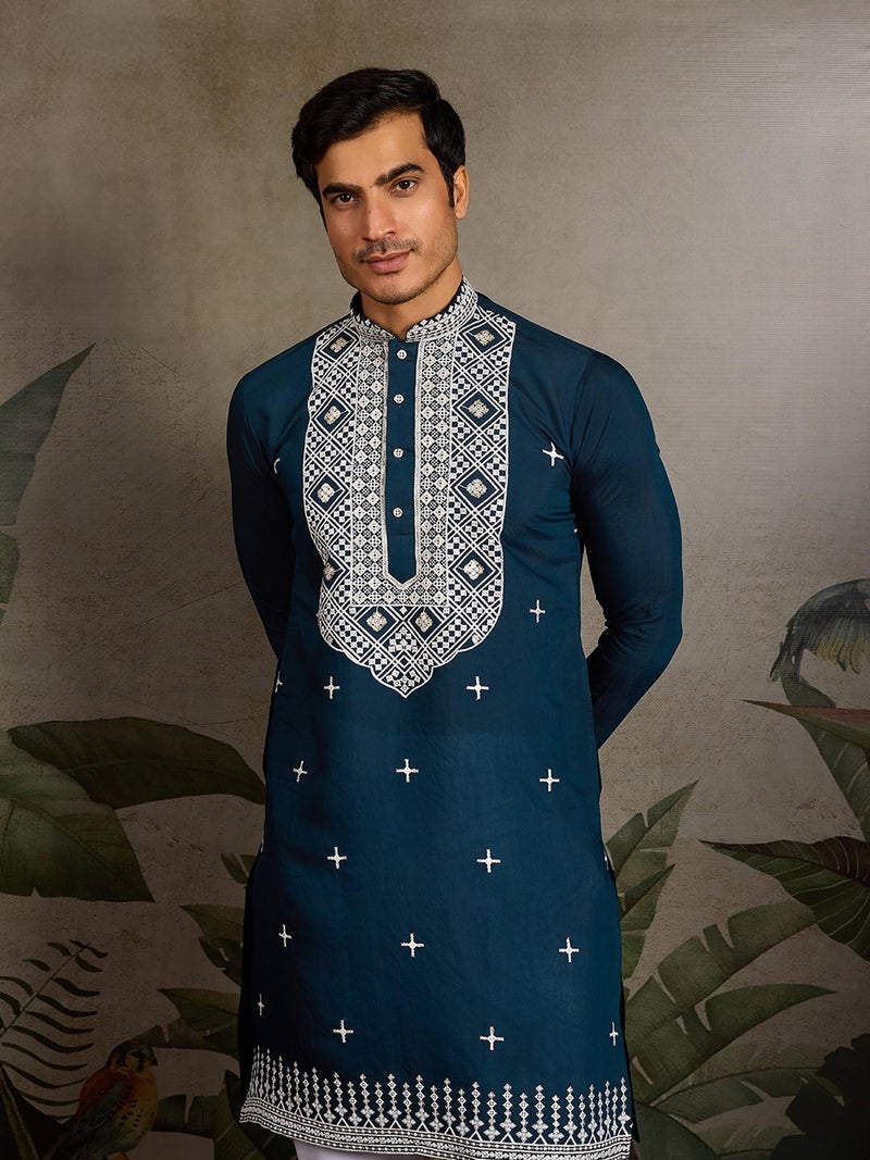 Kalaanj Men's Embroidered Silk Kurta || Only Kurta (KALSS2503MK-Blue-L) - Image 3
