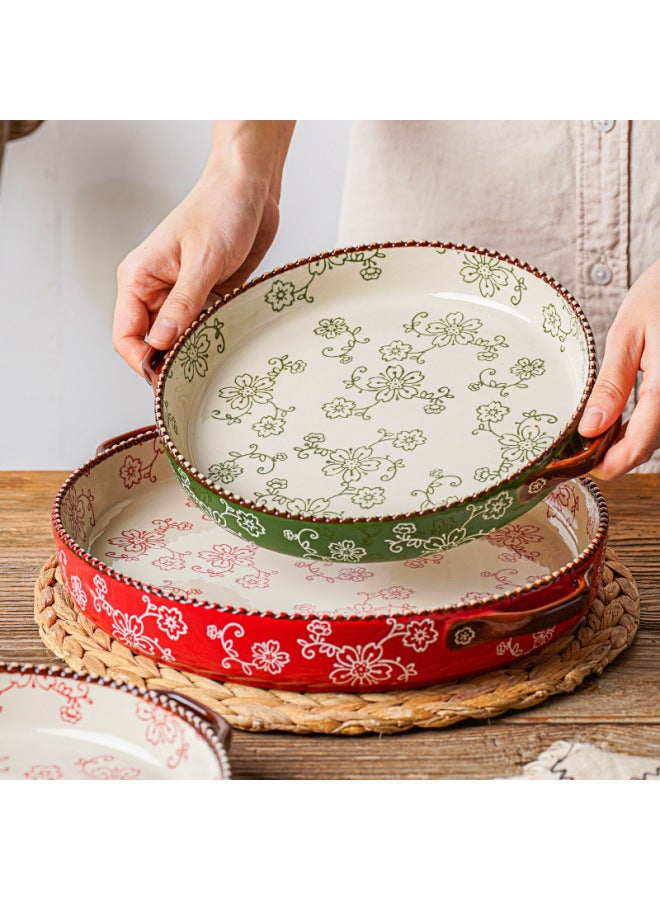 Japanese-style Cherry Blossom Underglaze Hand-painted Ceramic Baking Pan Household Baking Pizza Plate Binaural Oven Microwave Baking Pan-Specifications:Green Glaze -10.5 "Binaural Disc - Image 2