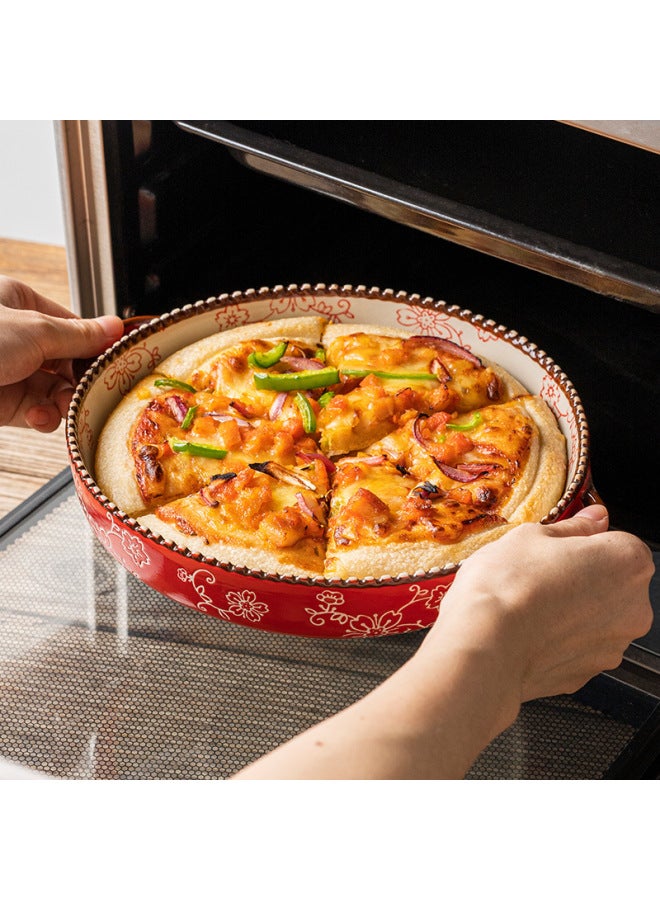 Japanese-style Cherry Blossom Underglaze Hand-painted Ceramic Baking Pan Household Baking Pizza Plate Binaural Oven Microwave Baking Pan-Specifications:Green Glaze -10.5 "Binaural Disc - Image 3
