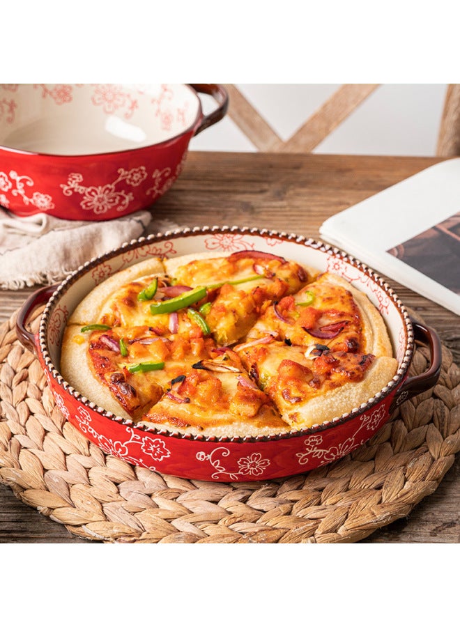 Japanese-style Cherry Blossom Underglaze Hand-painted Ceramic Baking Pan Household Baking Pizza Plate Binaural Oven Microwave Baking Pan-Specifications:Green Glaze -10.5 "Binaural Disc - Image 4
