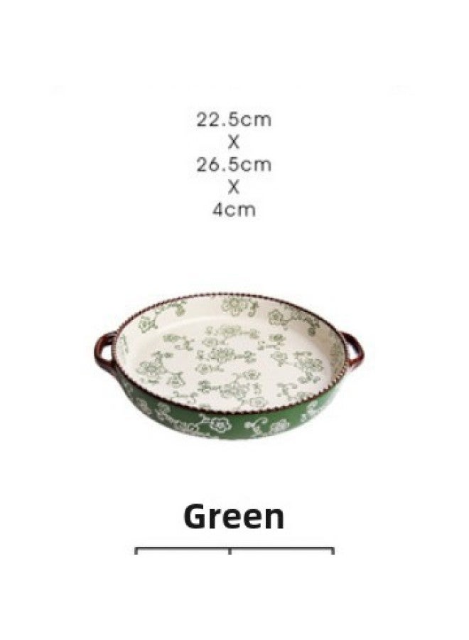Japanese-style Cherry Blossom Underglaze Hand-painted Ceramic Baking Pan Household Baking Pizza Plate Binaural Oven Microwave Baking Pan-Specifications:Green Glaze -10.5 "Binaural Disc - Image 1