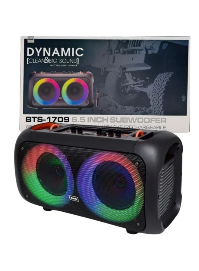 برودو Brodu BTS-1709 مكبر صوت كاريوكي محمول مزود بتقنية البلوتوث وميكروفون لاسلكي وصوت كبير/ديناميكي ومكبر صوت مزدوج مقاس 6.5 بوصة - Image 3