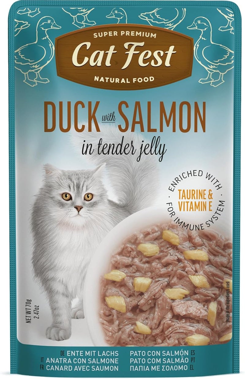 Cat Fest Supreme Duck with Salmon in Tender Jelly – Enriched with Taurine & Vitamin E – Complete & Balanced Wet Cat Food for Adult Cats – 70g - Image 1