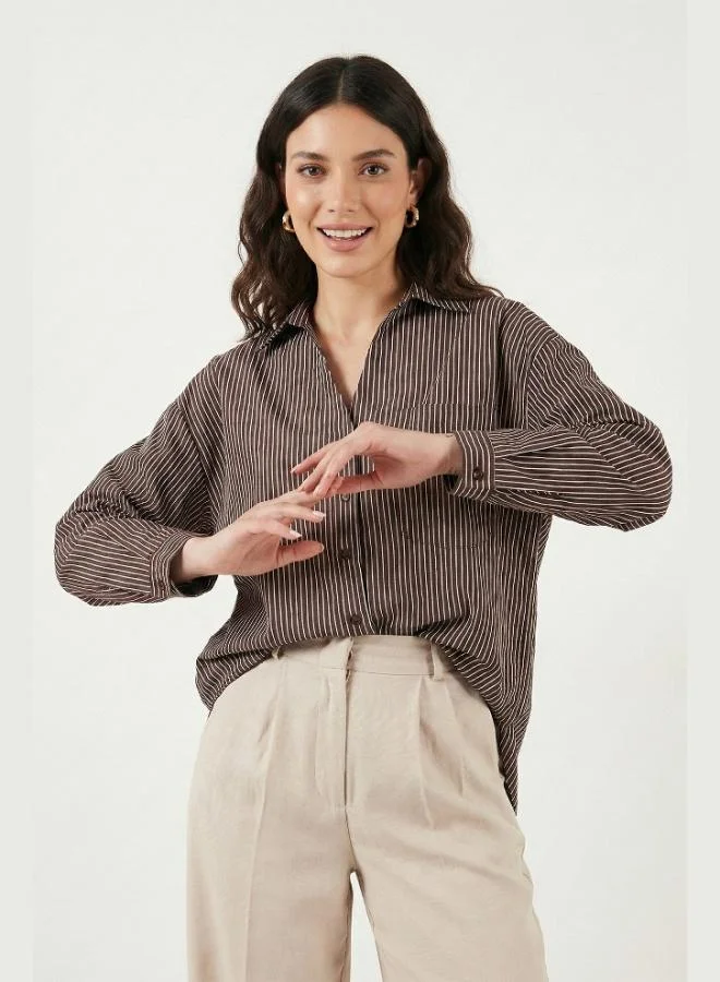 ليلا قميص نسائي كلاسيكي بأكمام طويلة وخطوط مقاس كبير