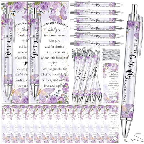 Dinifee 36 Sets Butterfly Baby Shower Favors for Guest Includes Rolling Paper Purple Ballpoint Pens with Greeting Cards Bulk for Party Decorations Game Prizes - Image 1