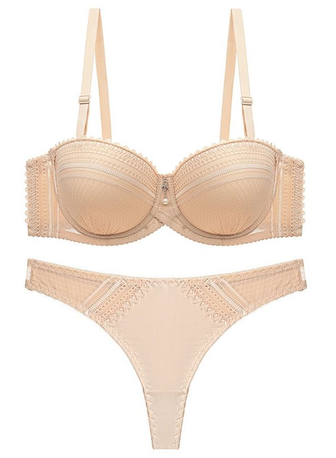 Loquat Solid Color B C Cup Thin Cup Lace Bra Panty Set Beige 