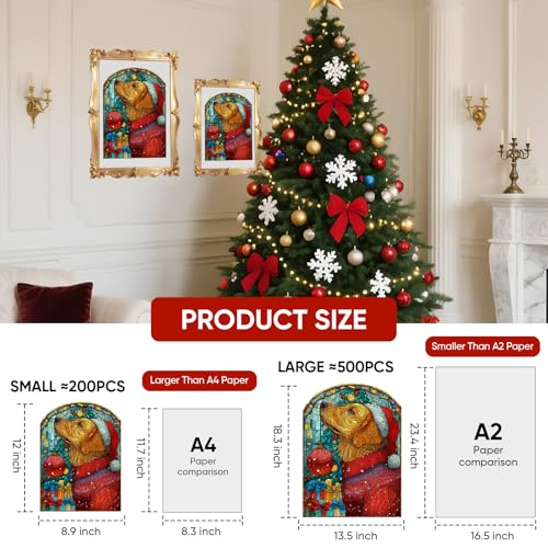 MEATRN Christmas Jigsaw Puzzles for Adults Dog with Santa Hat 498 Pcs Unique Shaped Holiday Wood Puzzle with Wooden Storage Box Festive Family Game Night for Art Lovers 135x183 Inch - Image 5