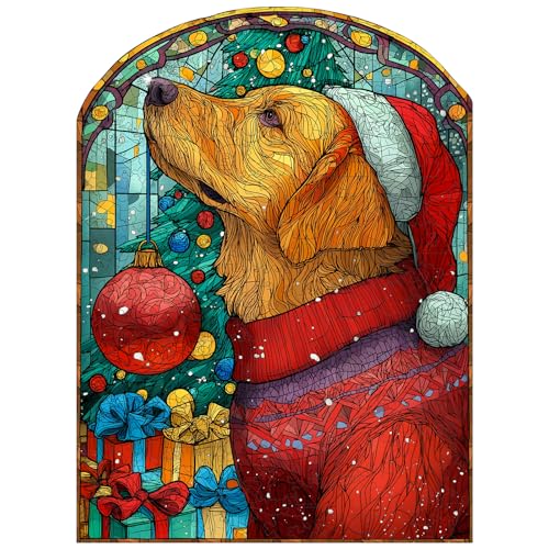 MEATRN Christmas Jigsaw Puzzles for Adults Dog with Santa Hat 498 Pcs Unique Shaped Holiday Wood Puzzle with Wooden Storage Box Festive Family Game Night for Art Lovers 135x183 Inch - Image 1