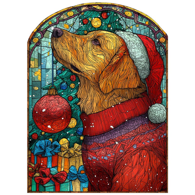MEATRN Christmas Jigsaw Puzzles for Adults Dog with Santa Hat 498 Pcs Unique Shaped Holiday Wood Puzzle with Wooden Storage Box Festive Family Game Night for Art Lovers 135x183 Inch - Image 3