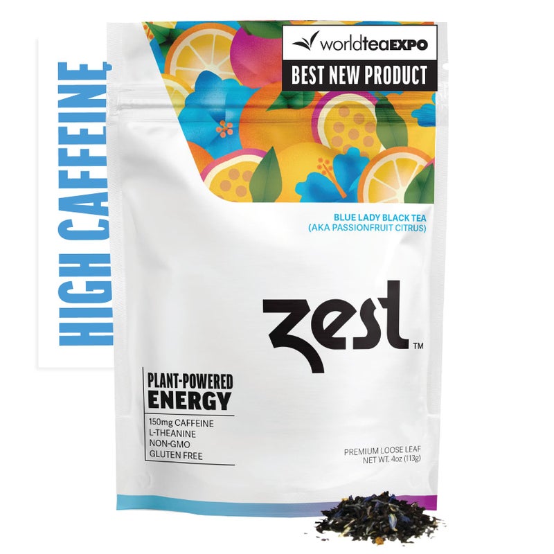 Zest 150mg High Caffeine Energy Loose Leaf Blend - Blue Lady Black Tea - 4 Oz - Hot or Iced - All Natural Strong Flavored Healthy Coffee Alternative Highly Caffeinated Substitute - Perfect for Keto - Image 1
