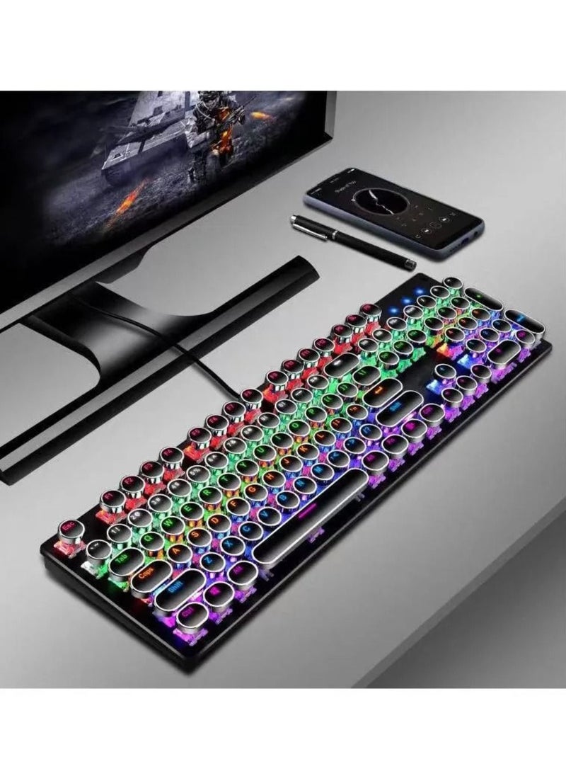 T-WOLF - Blue Switches Wired Mechanical Keyboard with Backlit 104 Round Keys Punk Style Silver - Image 1