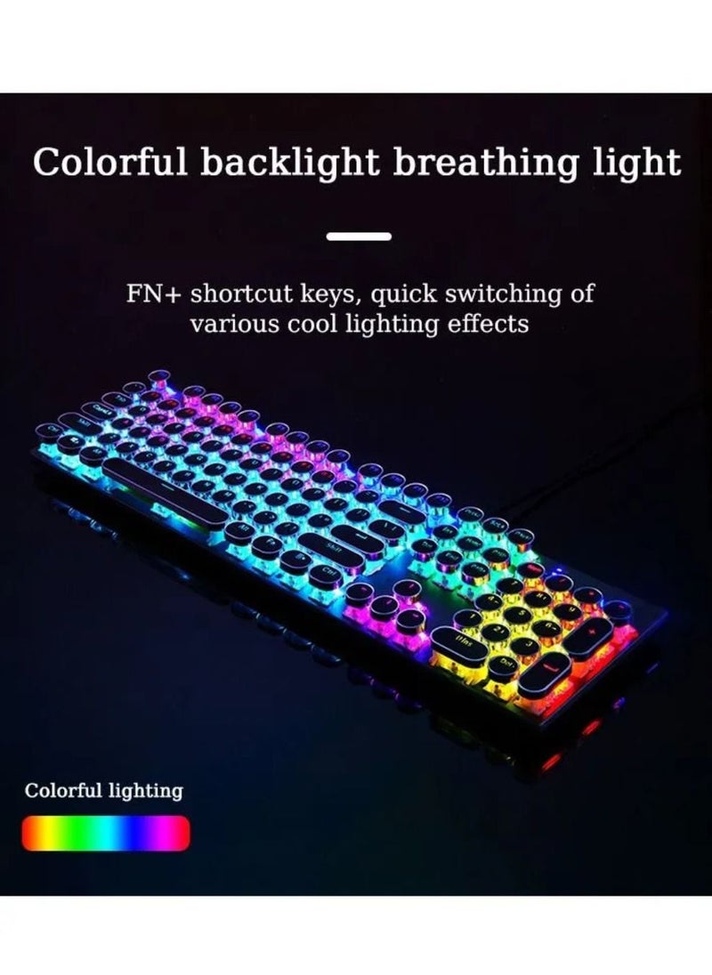 T-WOLF - Blue Switches Wired Mechanical Keyboard with Backlit 104 Round Keys Punk Style Silver - Image 1