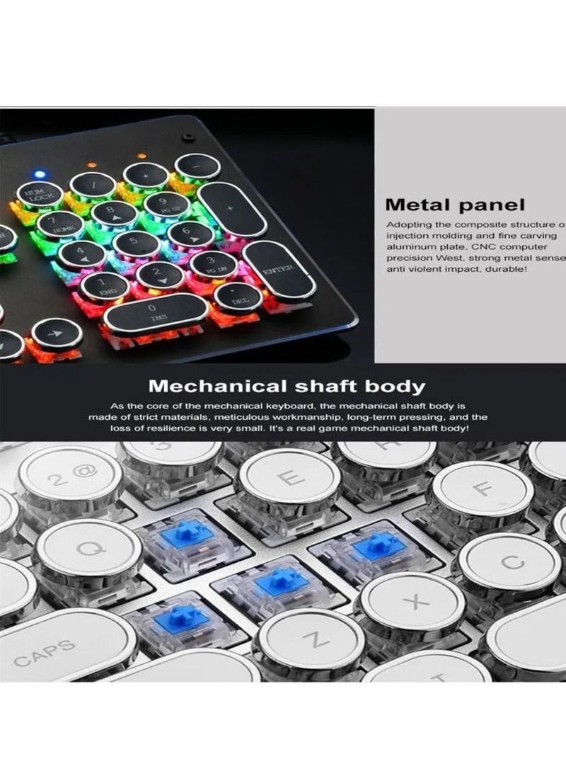 T-WOLF - Blue Switches Wired Mechanical Keyboard with Backlit 104 Round Keys Punk Style Silver - Image 1