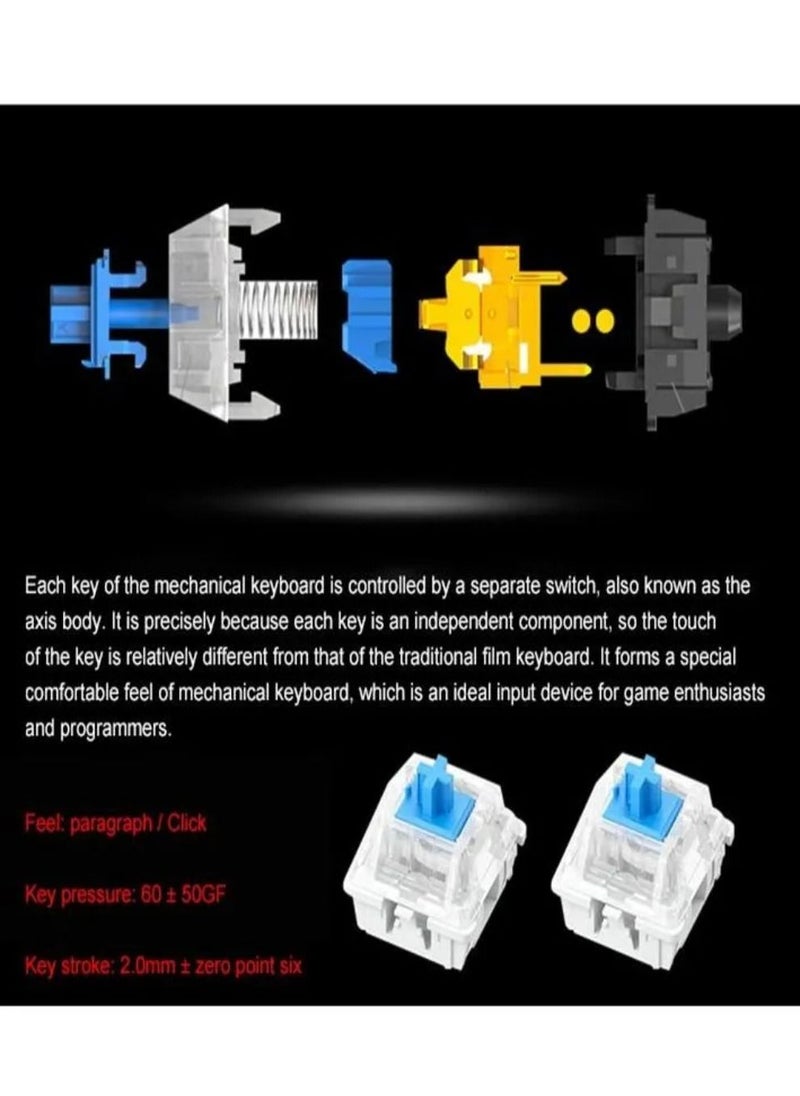 T-WOLF - Blue Switches Wired Mechanical Keyboard with Backlit 104 Round Keys Punk Style Silver - Image 1